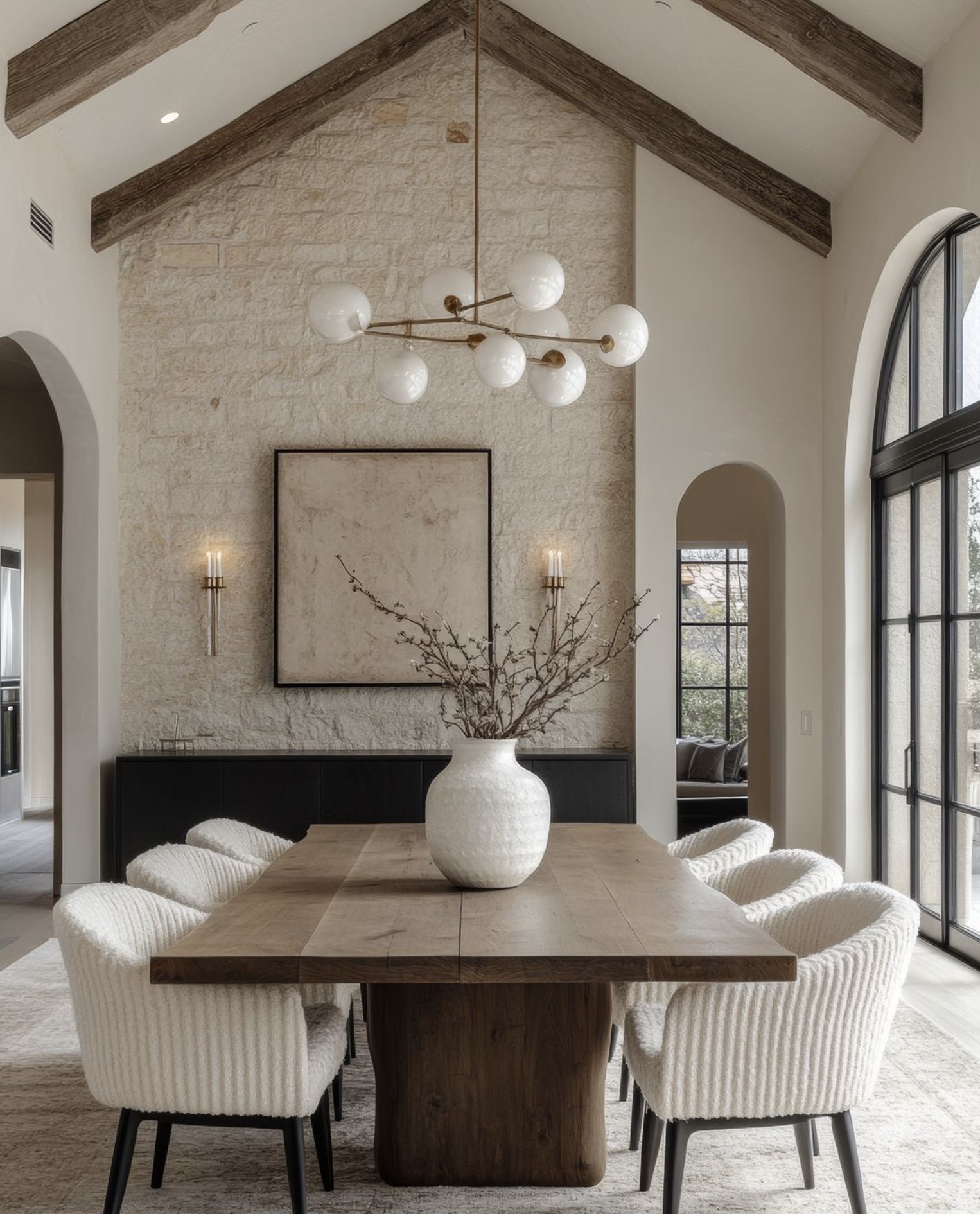 חלל מגורים מאוזן המשלב אבן טבעית, עץ כהה, ריהוט רך ותאורה עדינה.